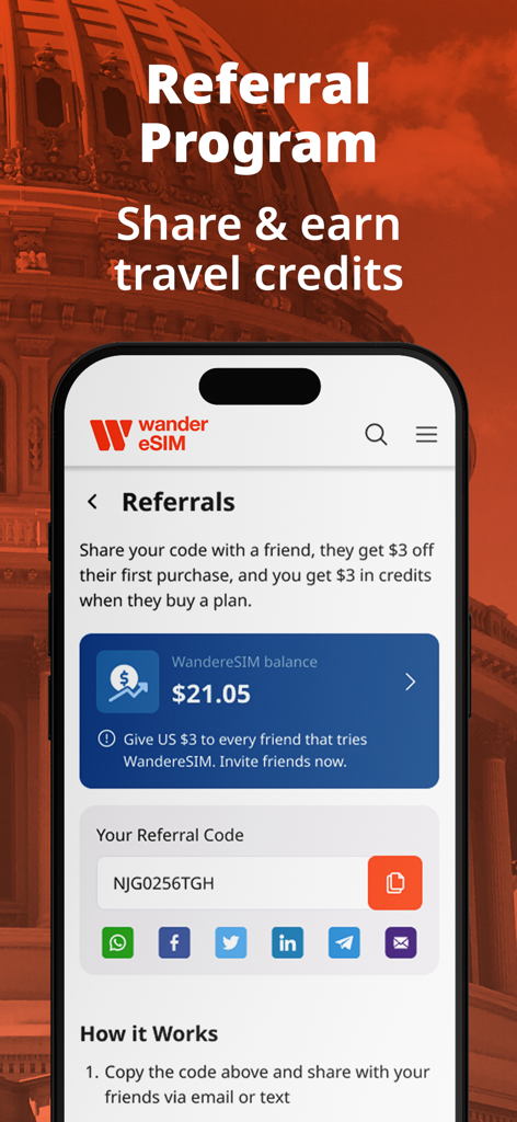 Wanderesim: Travel eSIM - Wanderesim app referral screen showing a user referral code and travel credit balance