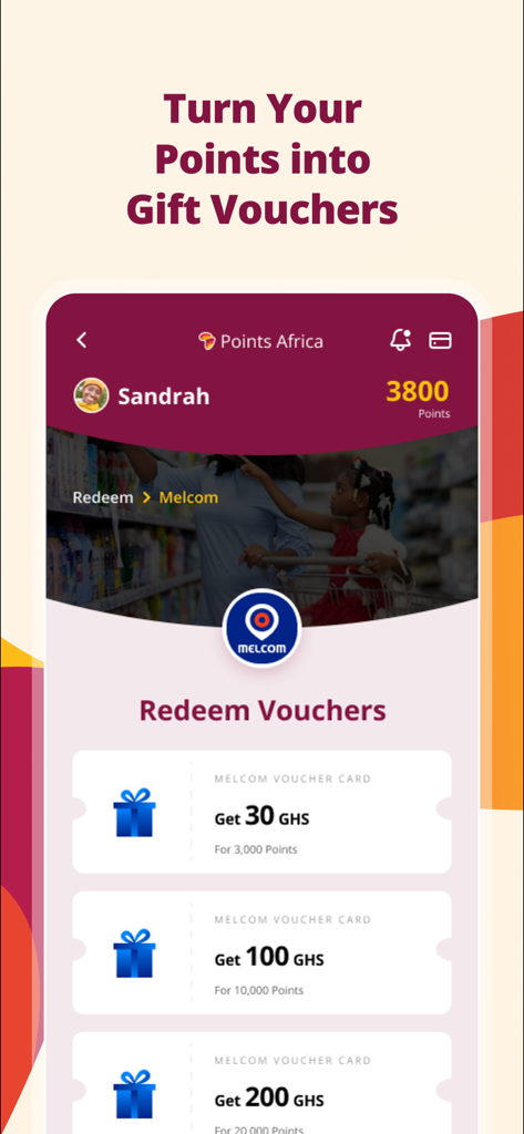 Points Africa - Mobile screen showing how to redeem Points Africa loyalty points for Melcom gift vouchers