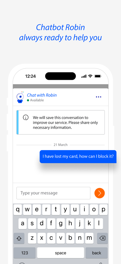 Rabobank mobile app screen showing the Chatbot Robin customer support interface assisting with a lost card request.
