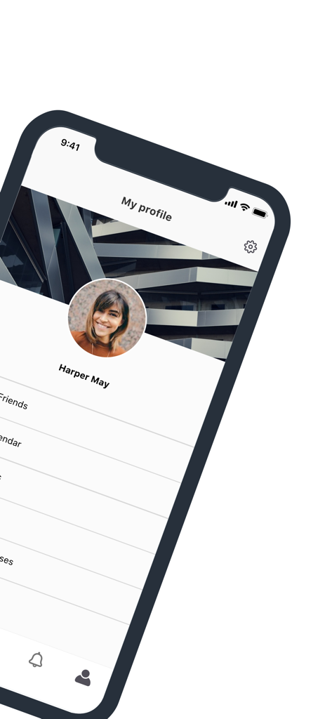 Écran de profil utilisateur de l'application de l'Université de Tasmanie montrant le profil d'un étudiant nommé Harper May avec des options de menu académiques et sociales.