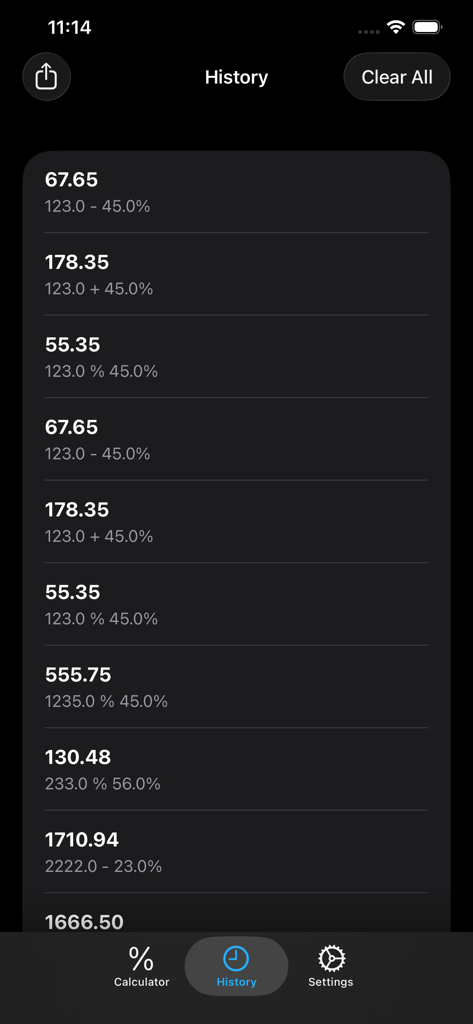 앱의 기록 탭에 있는 최근 계산된 퍼센트 및 총계 목록