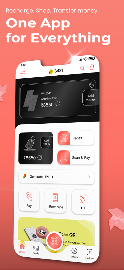 OmniCard app home screen displaying account balance, UPI ID generation, and payment options.
