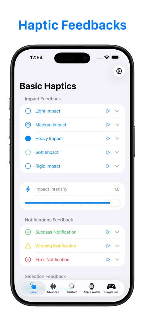 Haptic Testing: Developer Tool - iPhone screen showing the Haptic Testing app interface with basic impact and notification feedback settings for developers