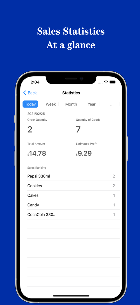 TinyPOS:Make & Print Bills - TinyPOS app screenshot showing daily sales statistics including total amount, profit, and top selling products