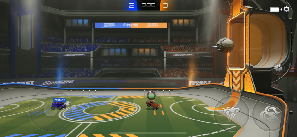 Rocket League Sideswipe - Un partido de fútbol de coches en la arena 2D de Rocket League Sideswipe con controles táctiles móviles visibles