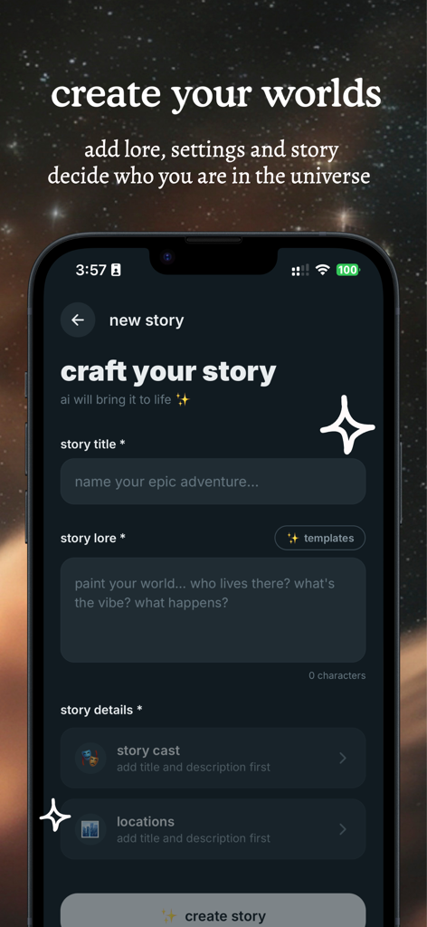 Kindred app interface for crafting a new story with AI featuring sections for story title lore and cast