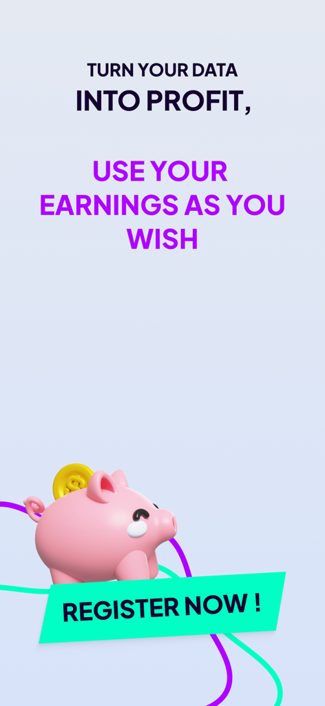 Rubi pays you - Interfaz de la app Rubi con una hucha rosa y texto sobre convertir datos en beneficios