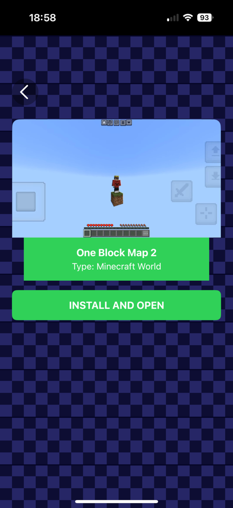 One Block - Maps for Minecraft - Interfaccia di Mappe One Block per Minecraft che mostra un'anteprima della Mappa One Block 2 con un pulsante di installazione e apertura