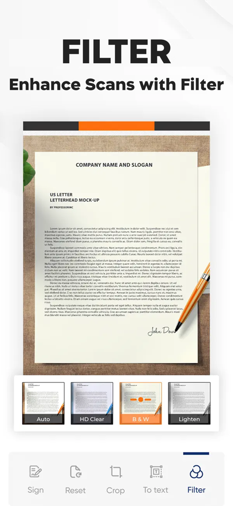 Photo to PDF Converter Doc - Interfaz de la app de escáner móvil mostrando varias opciones de filtro para mejorar la claridad del documento