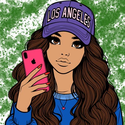 realistic beautiful girl wearing los ángeles cap holding an iphone