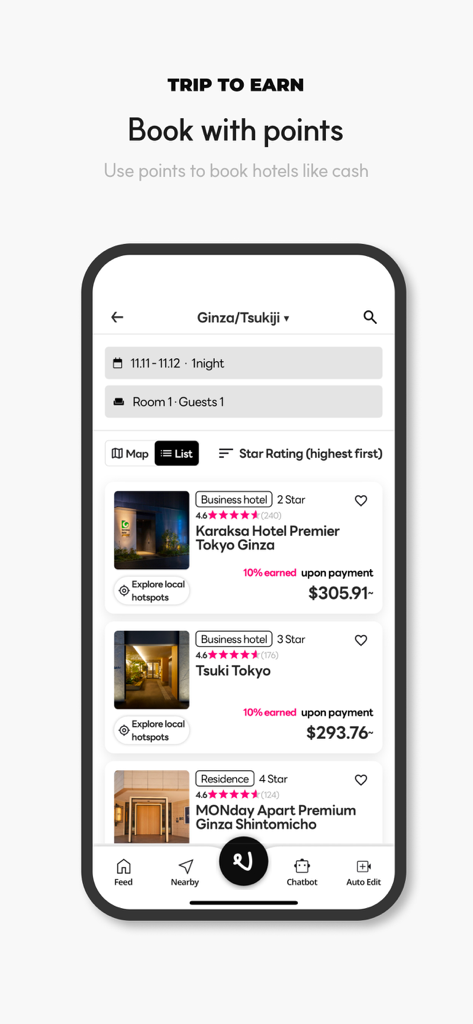 ViiV - Find the perfect travel - ViiVアプリのインターフェース。東京のホテルのリストと、獲得したポイントを使用して予約するオプションが表示されています。