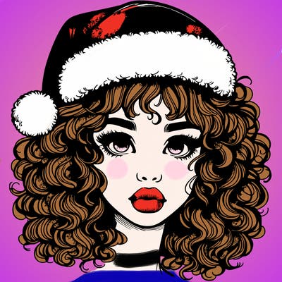 realistic girl with a santa hat curly hair and lips