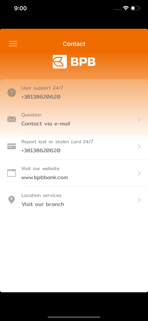 Contact and support page of BPB Mobile Banking KS showing customer service numbers and branch location options