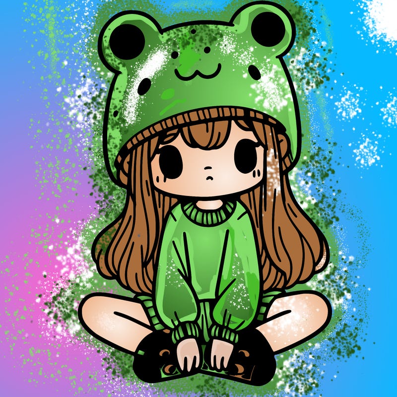 a girl wearing a frog hat and some frog socks