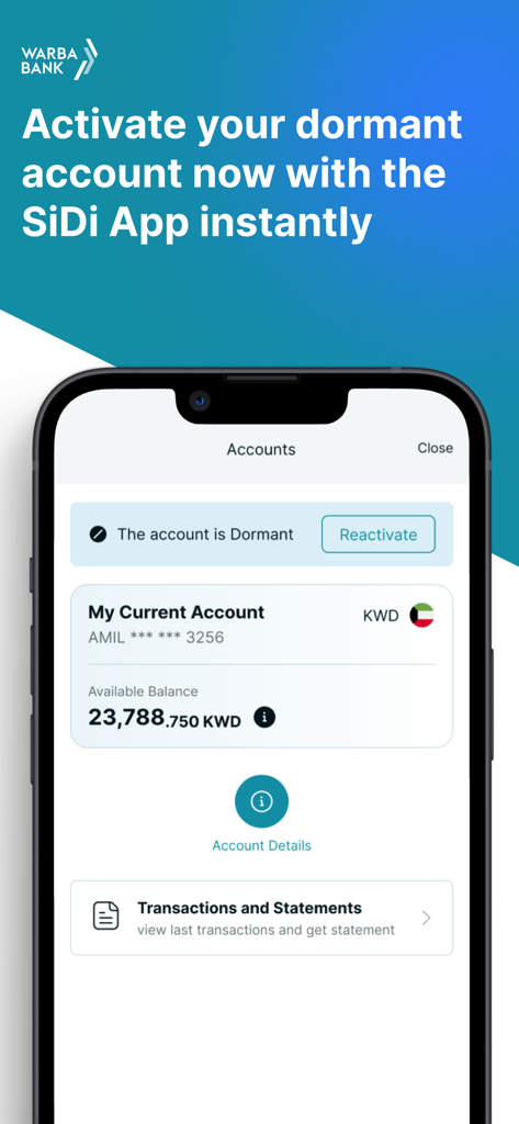 SiDi - Interface do aplicativo móvel mostrando o painel da conta SiDi com um botão para reativar uma conta inativa e o saldo atual em KWD