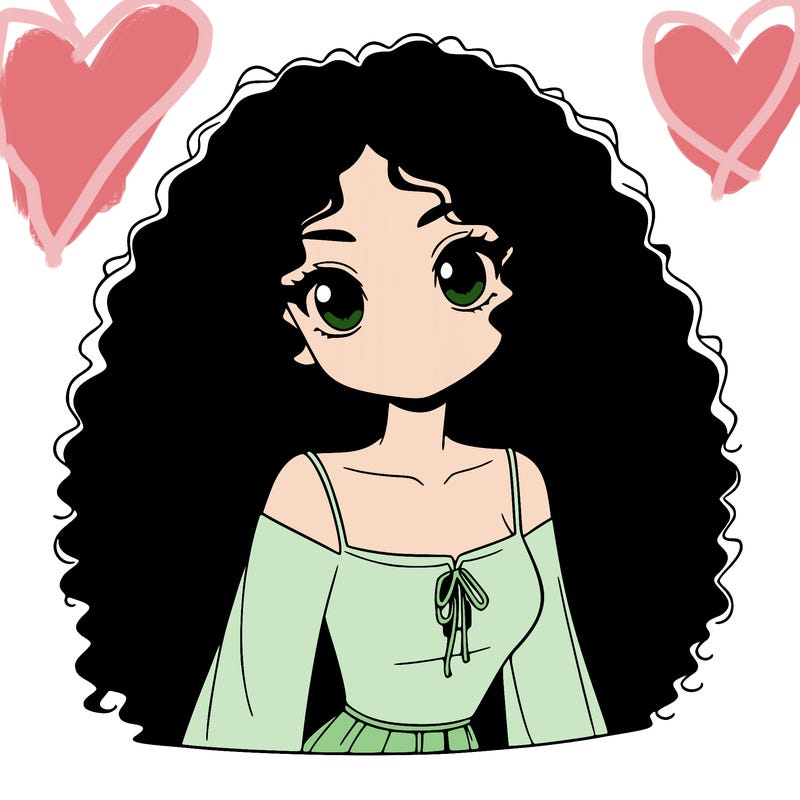a black anime girl with long afro hair