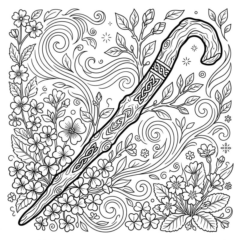 Embrace the spirit of Ireland and the joy of spring with this delightful shillelagh coloring page. Featuring intricate Celtic knots and a garden of blooming flowers, it's a perfect blend of tradition and natural beauty.