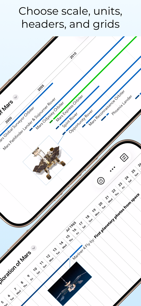 TimeStory: Timeline Maker - TimeStory app showing customizable timeline scales and headers for a Mars exploration project