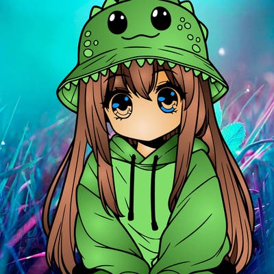 girl with anime shaped eyes with a dinosaur bucket hat oversized sweatshirt long straight hair