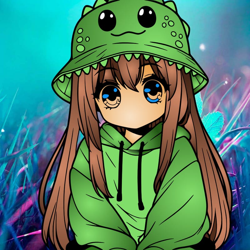 girl with anime shaped eyes with a dinosaur bucket hat oversized sweatshirt long straight hair