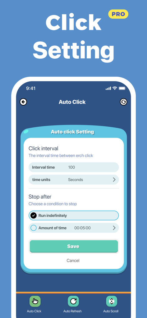 Auto Clicker – Fast Tap - Tela de configurações do Auto Clicker para intervalo e duração de toque