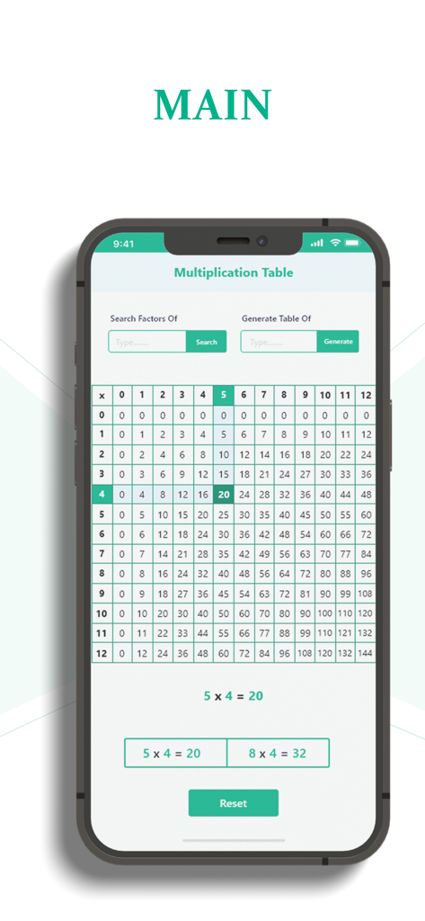 Muliplication table - A 12x12 multiplication chart on a mobile app screen with highlighted row and column showing 5 times 4 equals 20.