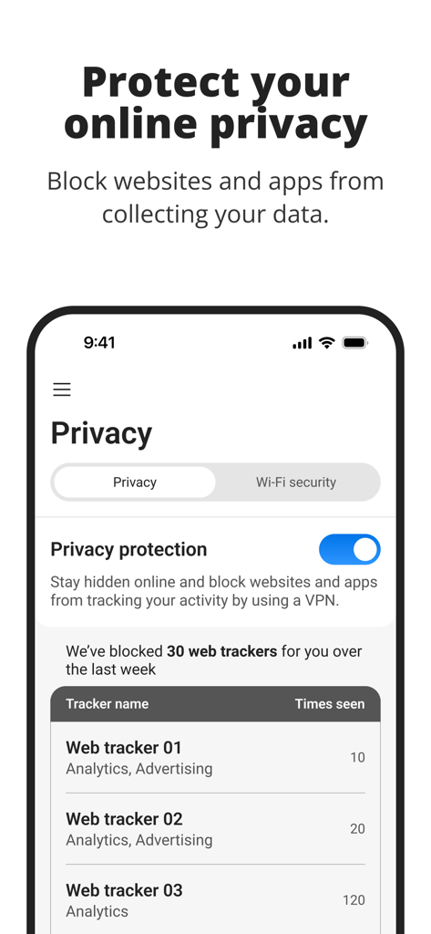 Trend Micro ID Protection - Trend Micro ID Protection App-Oberfläche, die Datenschutzeinstellungen und eine Liste blockierter Web-Tracker anzeigt