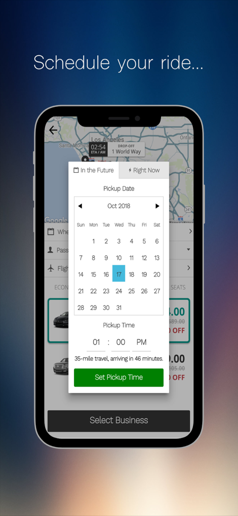 Opoli - Opoli mobile app interface showing the schedule ride feature with a calendar and time picker for a future professional driver booking.