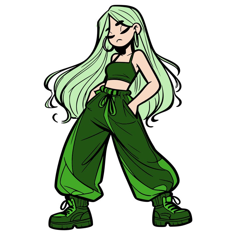 girl in baggy pants crop top and long hair