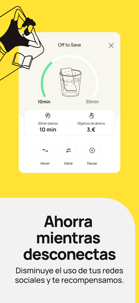 Interfaz de la aplicación móvil B100 que muestra una función que recompensa a los usuarios con ahorros por reducir el uso de redes sociales y desconectarse de su teléfono.
