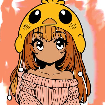 anime girl with chick shaped hat with sweater with bare shoulders with bangs covering them one eye with low tail