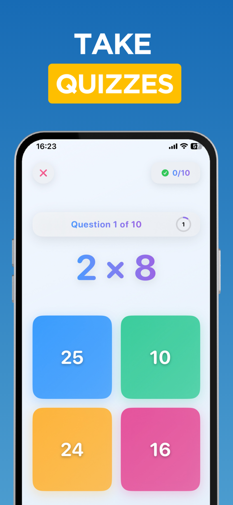 Multiplication, times tables - A multiplication quiz screen in the app showing the problem 2 times 8 with four colorful answer options.