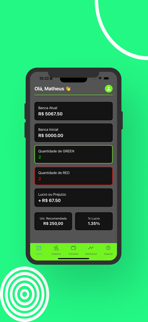 Planilha Gest - Planilha Gestアプリのモバイルダッシュボード。バンクロールの状態と利益追跡を表示