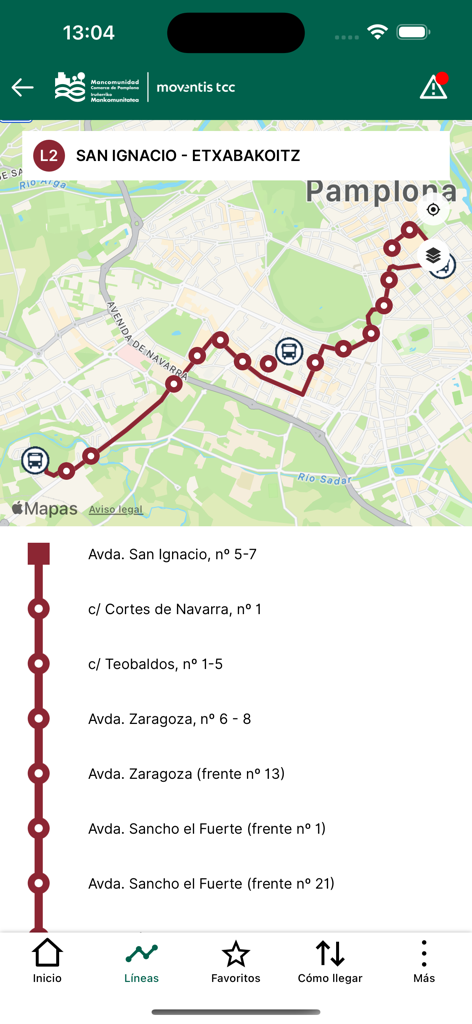 Vista de mapa y lista de paradas para la línea de autobús L2 en la aplicación Tu Villavesa
