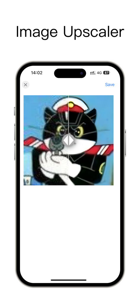 AI를 사용하여 흐릿한 만화 이미지를 선명하게 만드는 전후 비교와 함께 Image Upscaler 앱을 보여주는 iPhone 화면