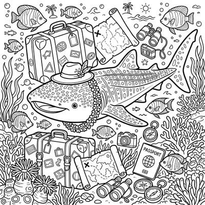 Get ready for an extraordinary coloring journey with this unique whale shark enjoying a vacation. This delightful scene combines marine life with exciting travel elements, perfect for creative minds.