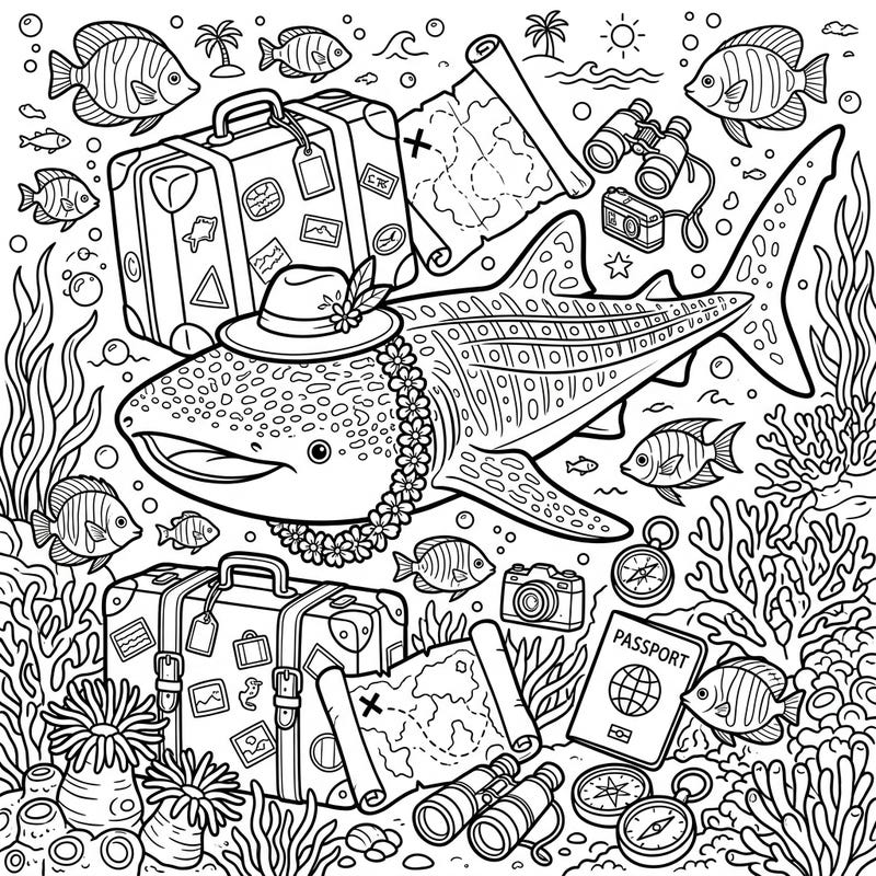 Get ready for an extraordinary coloring journey with this unique whale shark enjoying a vacation. This delightful scene combines marine life with exciting travel elements, perfect for creative minds.