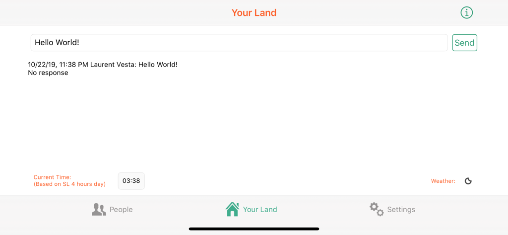 SL Notifierアプリの「あなたの土地」タブのインターフェイス。メッセージングとリモート土地監視ツールを表示。