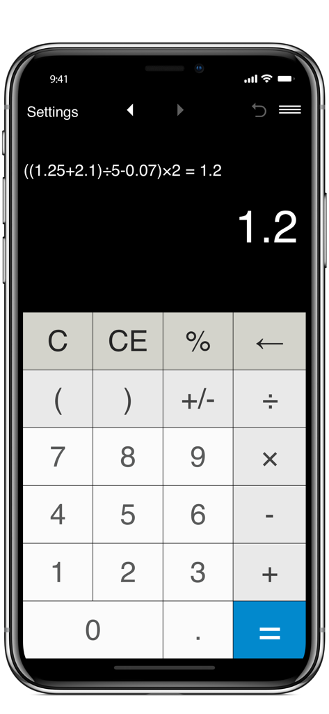 Schermata iPhone che mostra un'app calcolatrice con un'espressione multi-step che utilizza parentesi nidificate e un risultato di 1.2