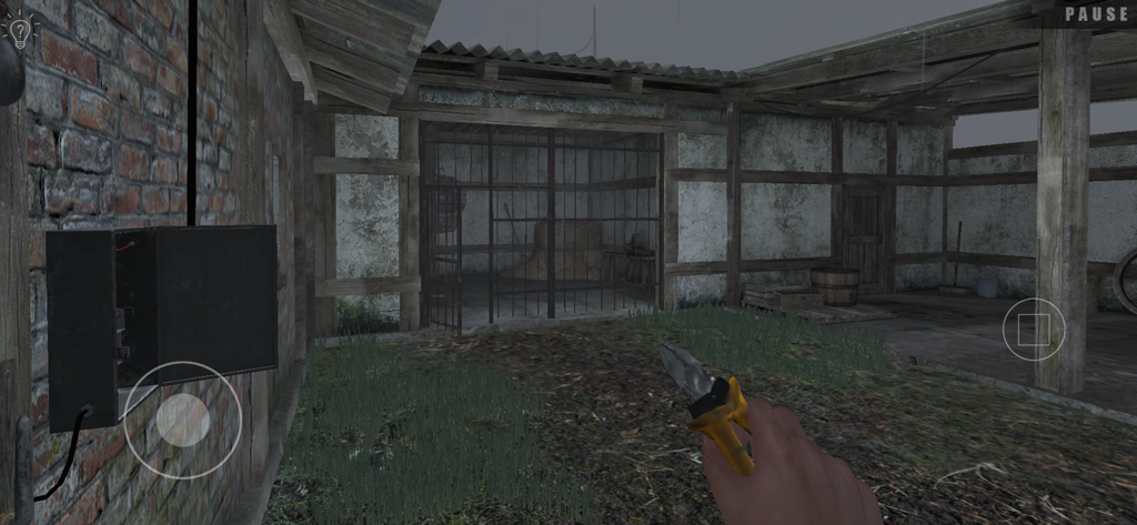 First person view of Metel Horror Escape showing a player holding pliers in a dark barn