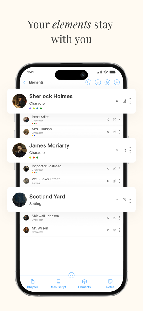 LivingWriter: Write Anywhere - LivingWriter app interface showing a list of story elements including characters and settings like Sherlock Holmes and Scotland Yard.