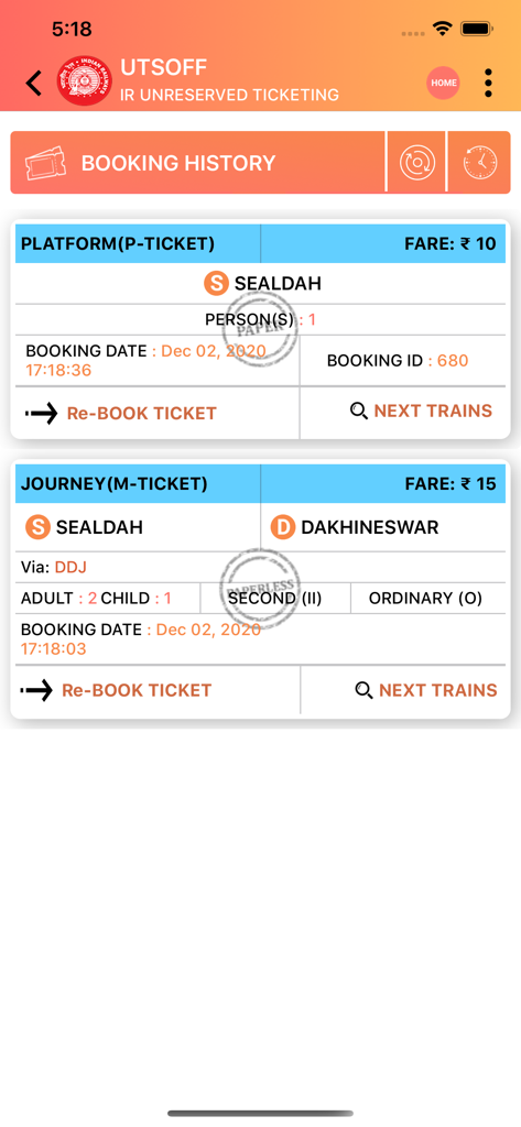 UTS - UTS mobile app booking history screen showing recent platform and journey tickets