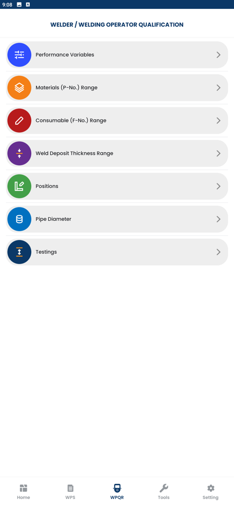 ASME IX Welding - ASME IX Welding App-Bildschirm mit dem Menü für Schweißer- und Schweißoperatorqualifizierungen