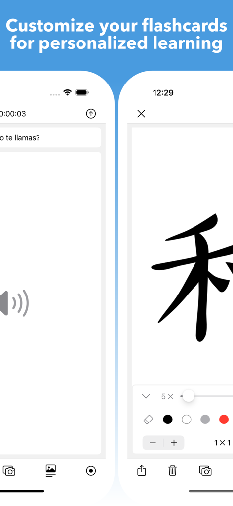 Interface de l'application Mighty Flashcards montrant la personnalisation audio et dessin pour un apprentissage personnalisé