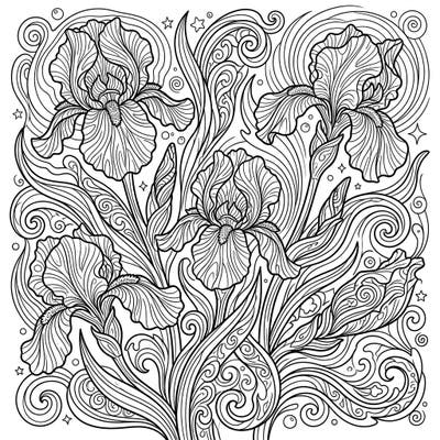 Embark on a mind-bending creative journey with this psychedelic iris coloring page. Intricate floral details blend seamlessly with surreal, swirling patterns, promising a captivating and unique artistic escape.