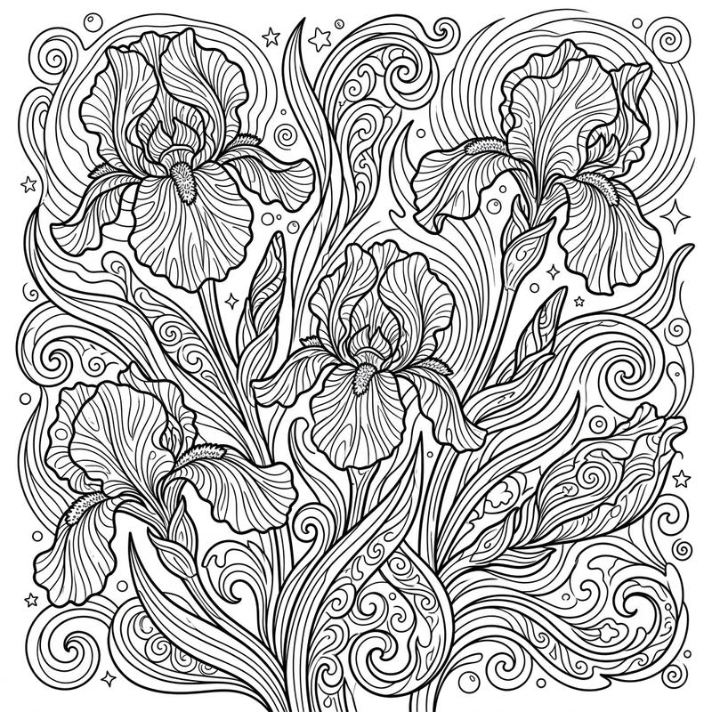 Embark on a mind-bending creative journey with this psychedelic iris coloring page. Intricate floral details blend seamlessly with surreal, swirling patterns, promising a captivating and unique artistic escape.