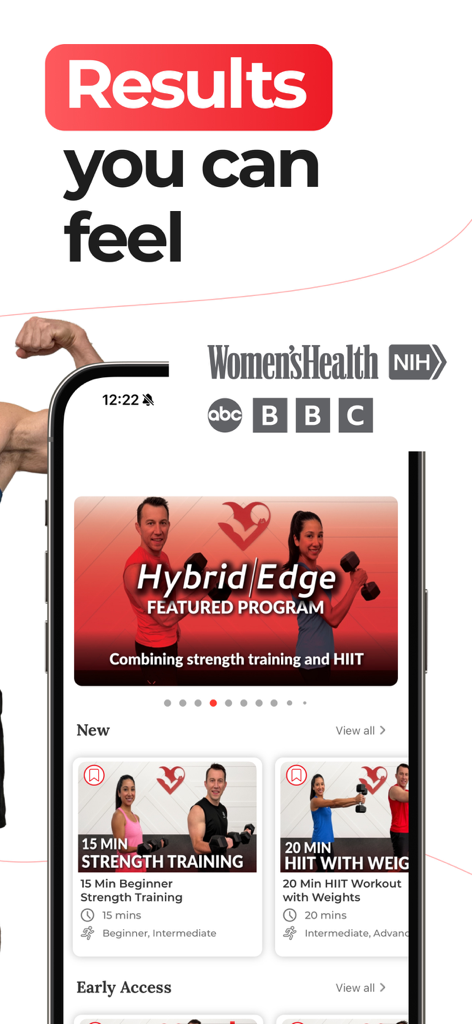 HASfit: Home Workout Programs - HASfit fitness app interface showing home workout programs and media endorsements