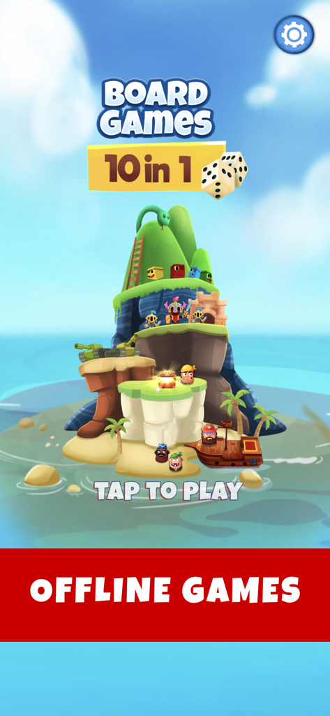 Splash screen of Offline Board Games app showing a 10 in 1 game collection on a colorful cartoon island.