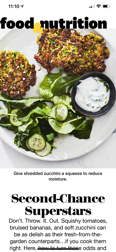 Women's Health Mag - A healthy recipe page in the Womens Health Mag app featuring zucchini fritters with greens and dipping sauce.