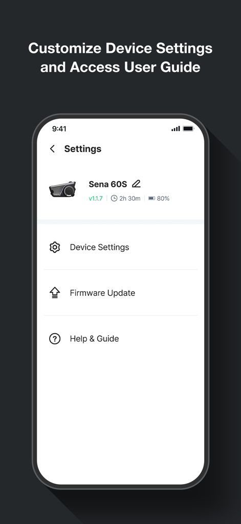 Sena Motorcycles - Écran des réglages de l'application Sena Motorcycles montrant les options de gestion de l'appareil, la mise à jour du firmware et le guide d'aide pour un casque Sena 60S